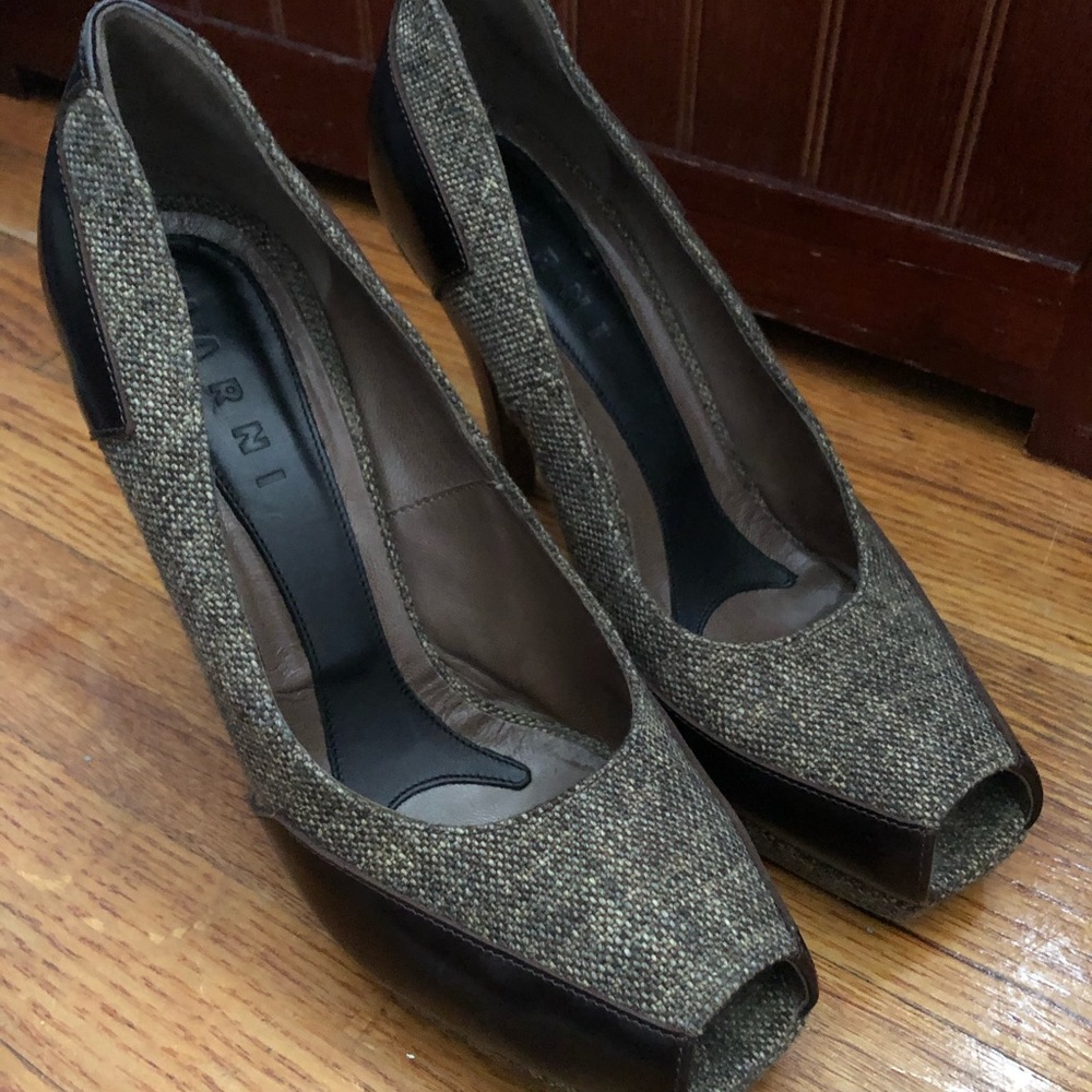 MARNI Tweed Leather &Wood Pumps High Heel Shoes 39